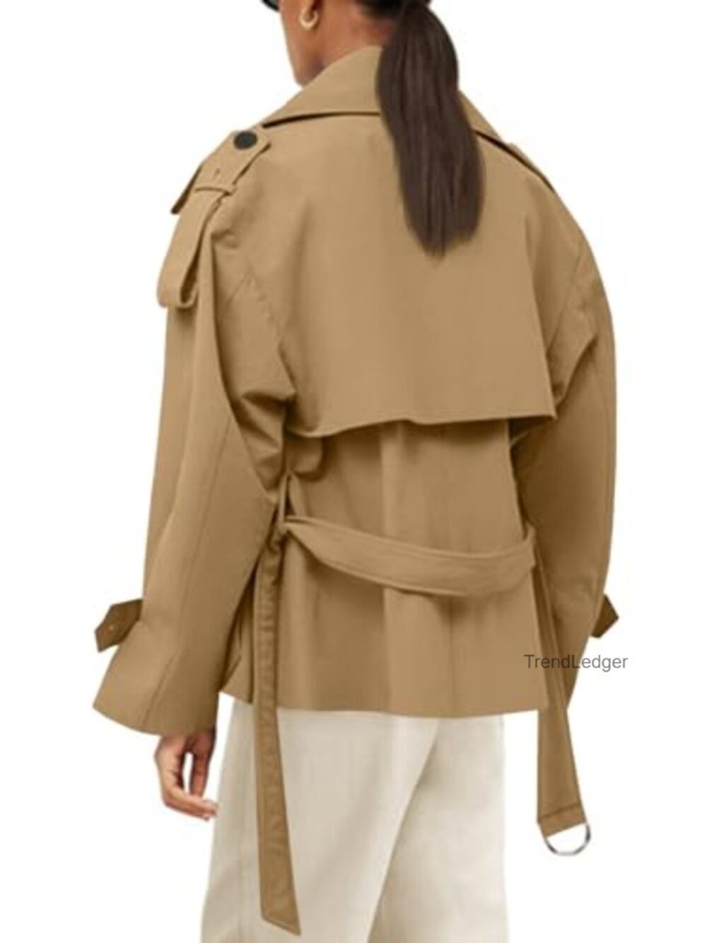 Cropped Trench Coat with Belt Double Breasted Short Jacket Fall Outerwear - Picture 4 of 7